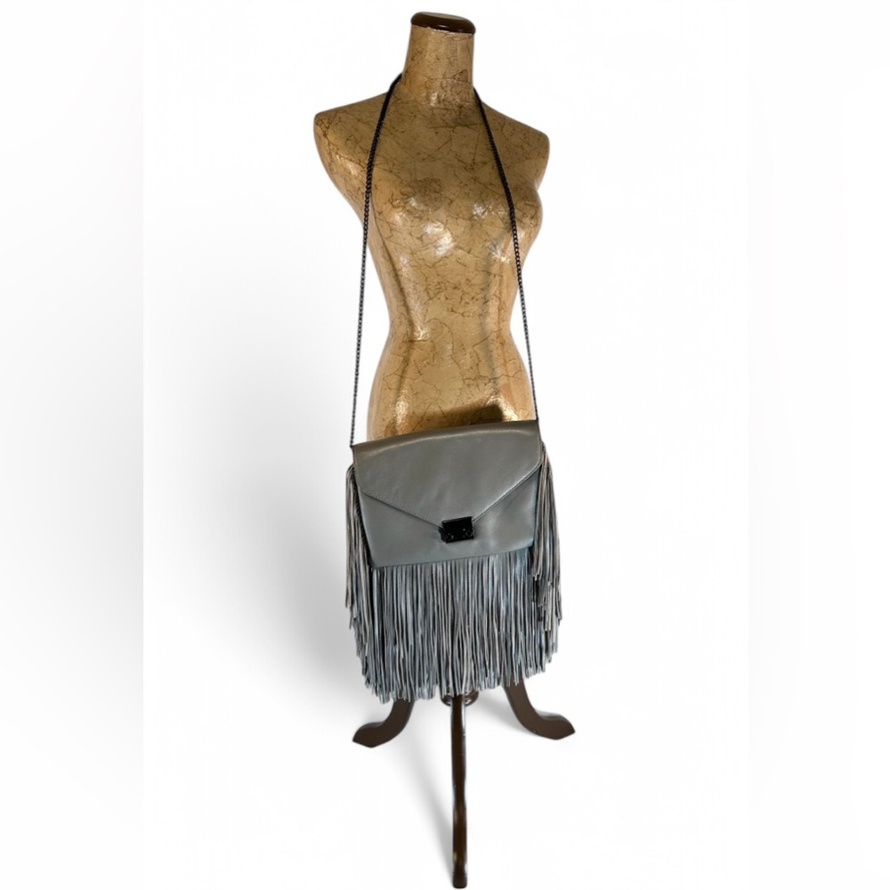 Loeffler Randall Flap Purse Grey/Gray
Crossbody Leather Fringe Trim, Chain Strap